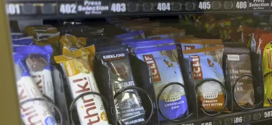 Healthy vending options including protein bars and nutritious snacks