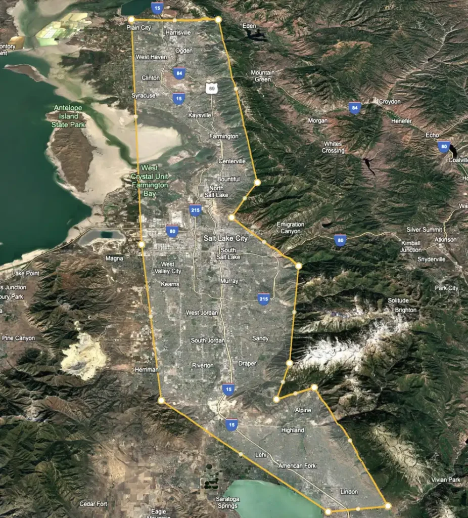 Rocky Mountain Vending service area map covering Salt Lake City, Ogden, Provo and surrounding Utah cities